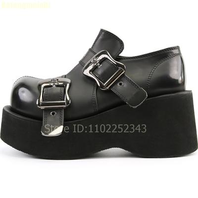 Модные черные кожаные туфли на толстой подошве женские с круглым носком на высокой танкетке с ремешком и пряжкой слипоны в стиле Y2K туфли уличной моды