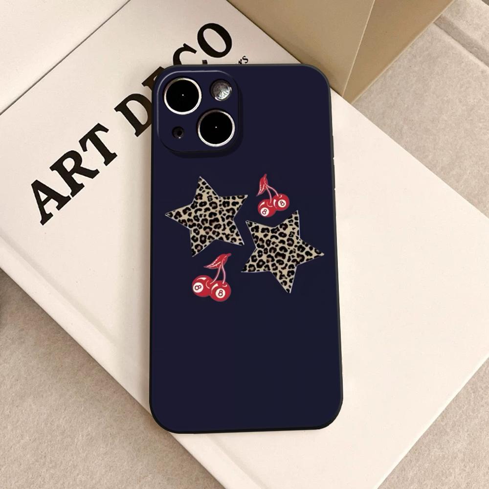 Leopard Print Cherry Star Phone Case FOR IPhone 15 pro max 14 11 12 Pro 15 16 Plus 13 Pro MAX XR XS Black Soft Covers
