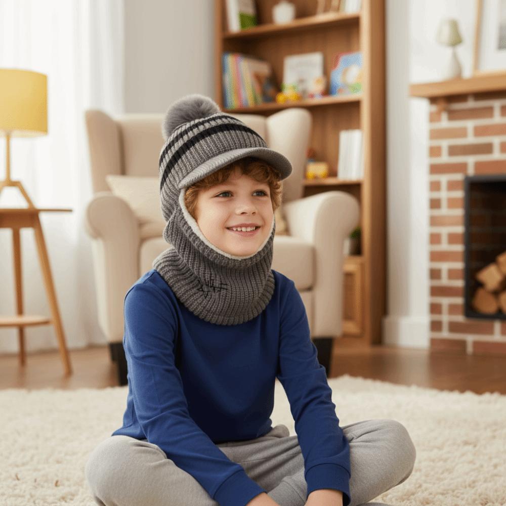 Plush Kids Ear Protection Balaclava Thermal Warm Neck Warmer Hat 2 In 1 Thick Knit Beanie Outdoor