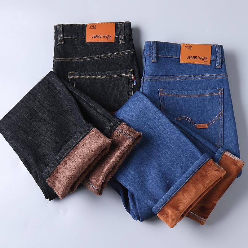 Мужские джинсы деним осень и зима плюшевые утолщенные свободные прямые большие размеры теплые рабочие повседневные длинные брюки