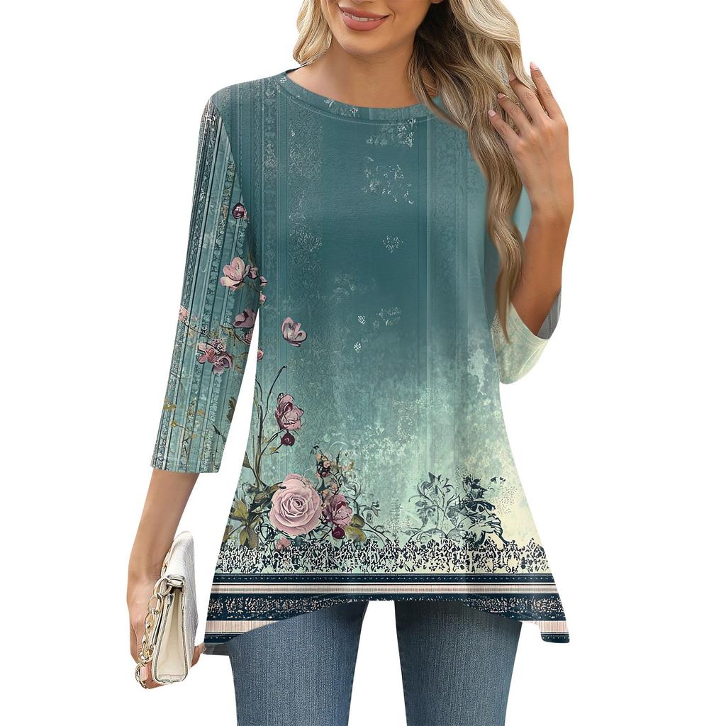 3/4 рукав туника топы для женщин принтованный повседневный выходной свободный крой модная базовая футболка с круглым вырезом