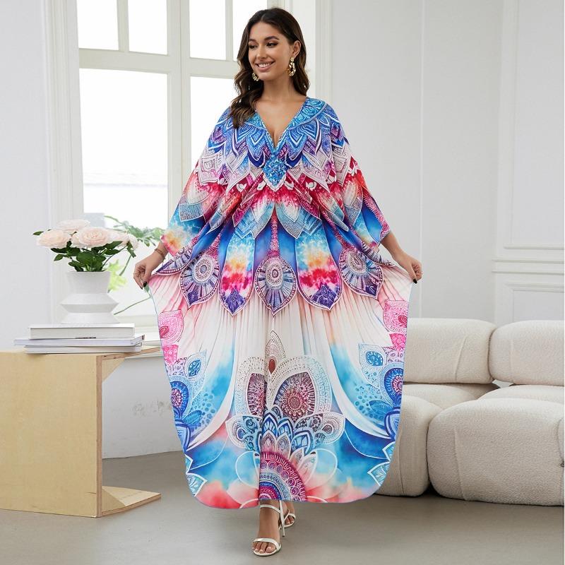 Женская мода весна осень цветные блоки принт длинный рукав V-образный вырез свободная талия повседневные платья