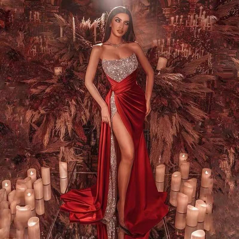 2026 Sequin Split Maxi Dress Sexy Off Shoulder Strapless Gown Evening Party Prom
