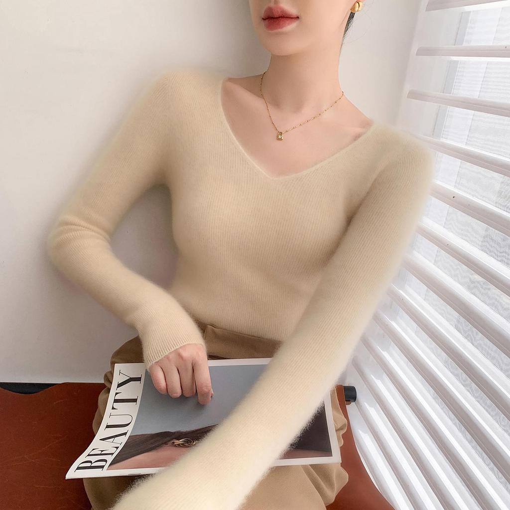 Women's V-Neck Cashmere Pullover - Loose Fit Solid Color Base Layer for Autumn/Winter