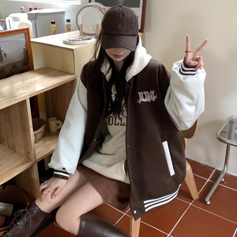 Осень-зима большие теплые куртки-бомберы женские с буквенным принтом и вышивкой университетская бейсбольная куртка винтажные свободные уличные пальто