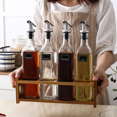 JANSUDY Household Glass Oil Pot/Condiment Bottle with Spice Rack for Oil/Soy Sauce/Vinegar Storage