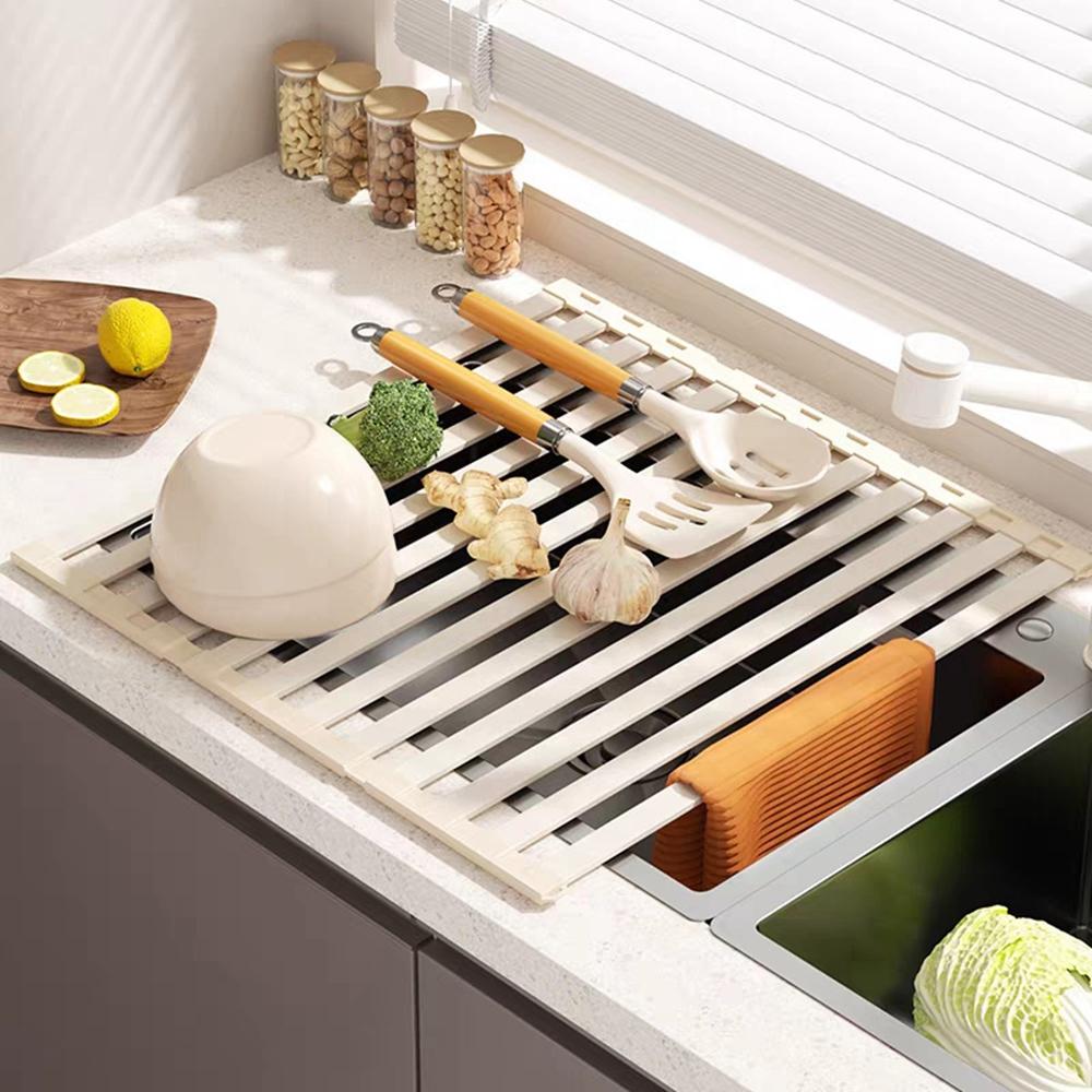 32 x 34.5cm Over Sink Dish Drying Rack Foldable Drainer Shelf Space Aluminum Roll Up Mat Kitchen Organizer