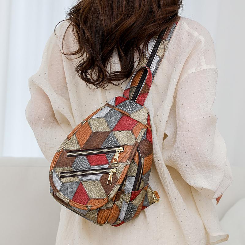 Нагрудная сумка с цветными блоками, женский рюкзак из мягкой кожи, уличный дорожный рюкзак с двойной молнией