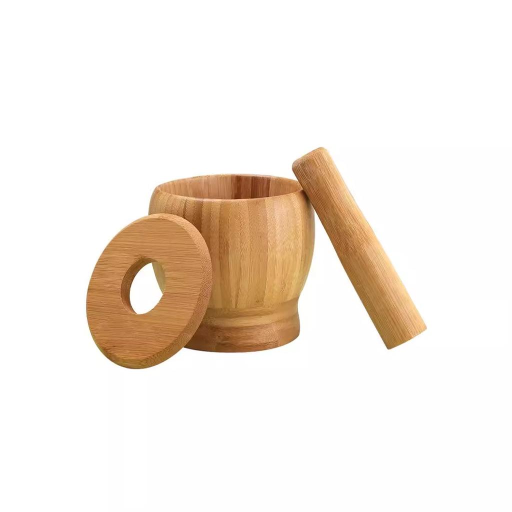 Large Capacity Bamboo Garlic Press Spice Grinder Manual Mashed Garlic Grinder with Bamboo Mortar and Pestle Kitchen Tools