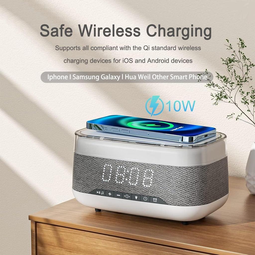 Alarm Clocks for Bedrooms Night Light Bluetooth Speaker Sound Machine Dimmable LED Display Fast Wireless Charger Station