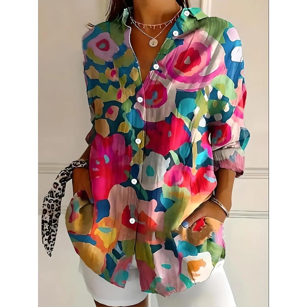 New Women's Shirts Floral Printed Spring Autumn Blouse Lapel Neck Blouse Women Long Sleeve Shirts