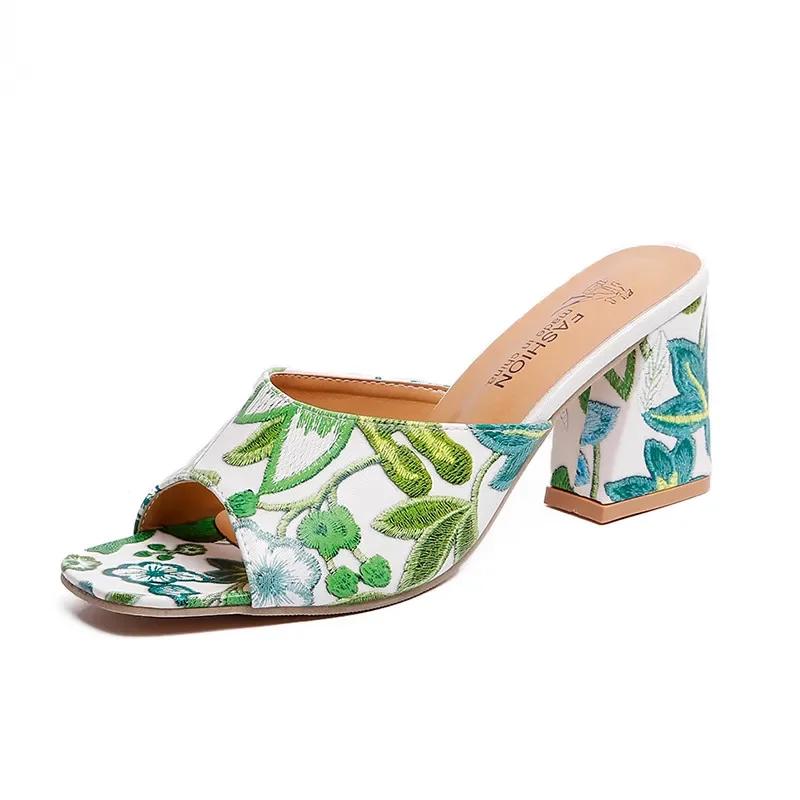 Fashion Womens Sandals Printed Summer 2025 New Thick-heeled Popular High-heeled Sexy All-match Half-slippers Open Toe Casual Basic Shoes