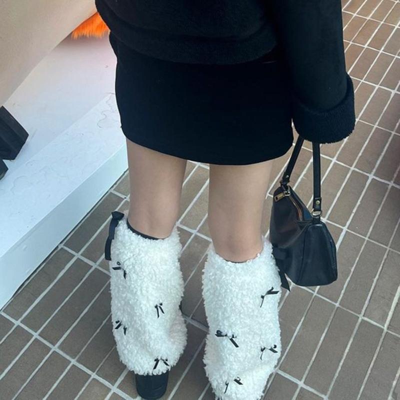 Bow Furs Leg Warmer Winter Furry Long Boot Cuffs Fuzzy Shoe Cover Party Costume for Holiday Festival Performances Play