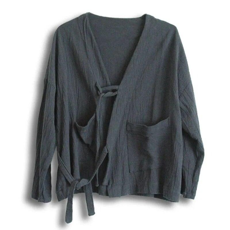 Johnature Women Chinese Style Bandage Jackets Solid Color V-Neck Long Sleeve Coats Cotton Linen Vintage Fall Women Jackets