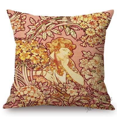 Vintage European Art Nouveau Mucha Gallery Decorative Sofa Pillow Cover Beautiful Beauty Girl Cotton Linen Luxury Cushion Cover