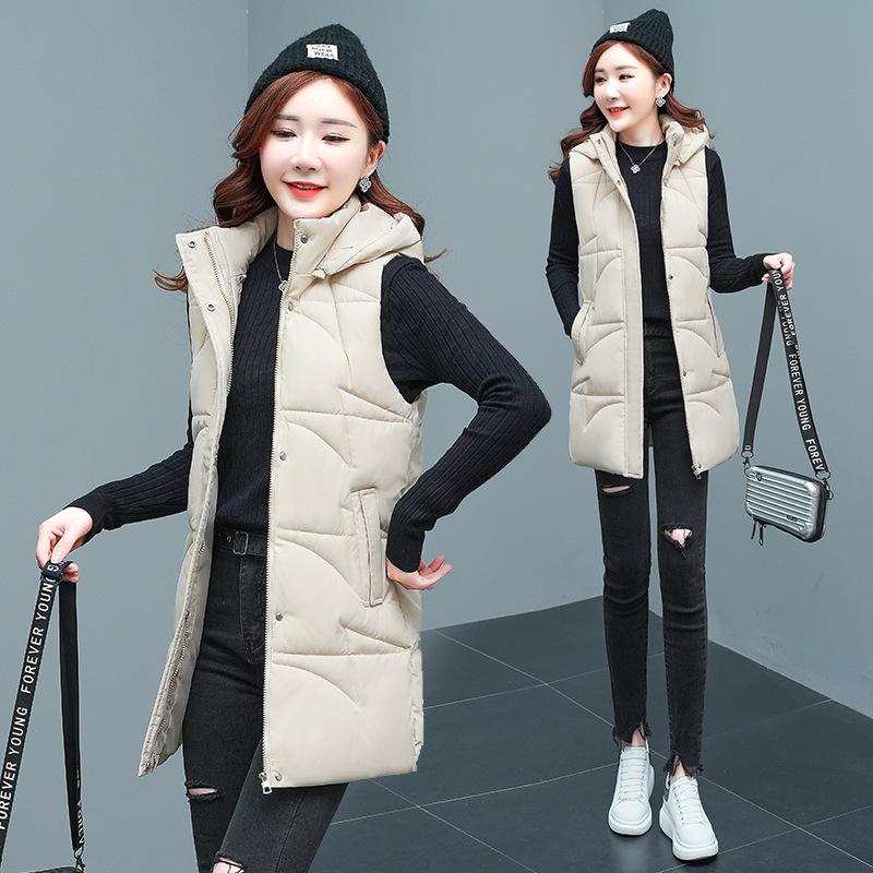 Осенне-зимняя женская однотонная свободная утолщенная теплая жилетка без рукавов средней длины с капюшоном, женская куртка