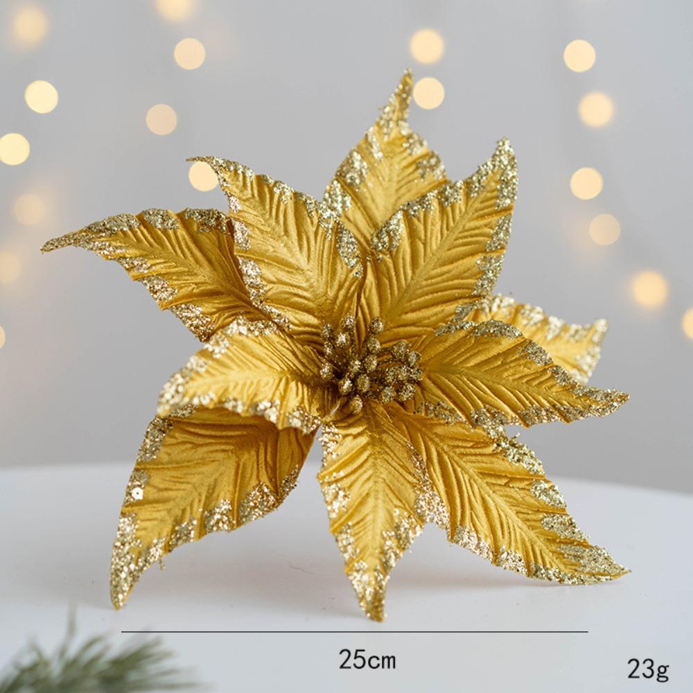 New Fabric Plastic Christmas Artificial Flowers 25cm DIY Decoration Fake Flower Ornaments Glitter Poinsettia Xmas