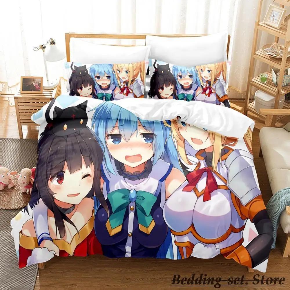 KonoSuba Аниме Комплект постельного белья Односпальный Полуторный Полный Евро Кинг-сайз Пододеяльник Комплект постельного белья для спальни взрослых и детей