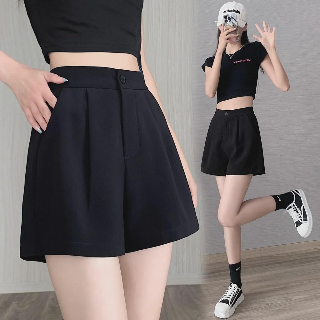 Женские черные эластичные повседневные летние шорты с высокой талией 2024 года — свободный крой, тонкие, широкие штанины