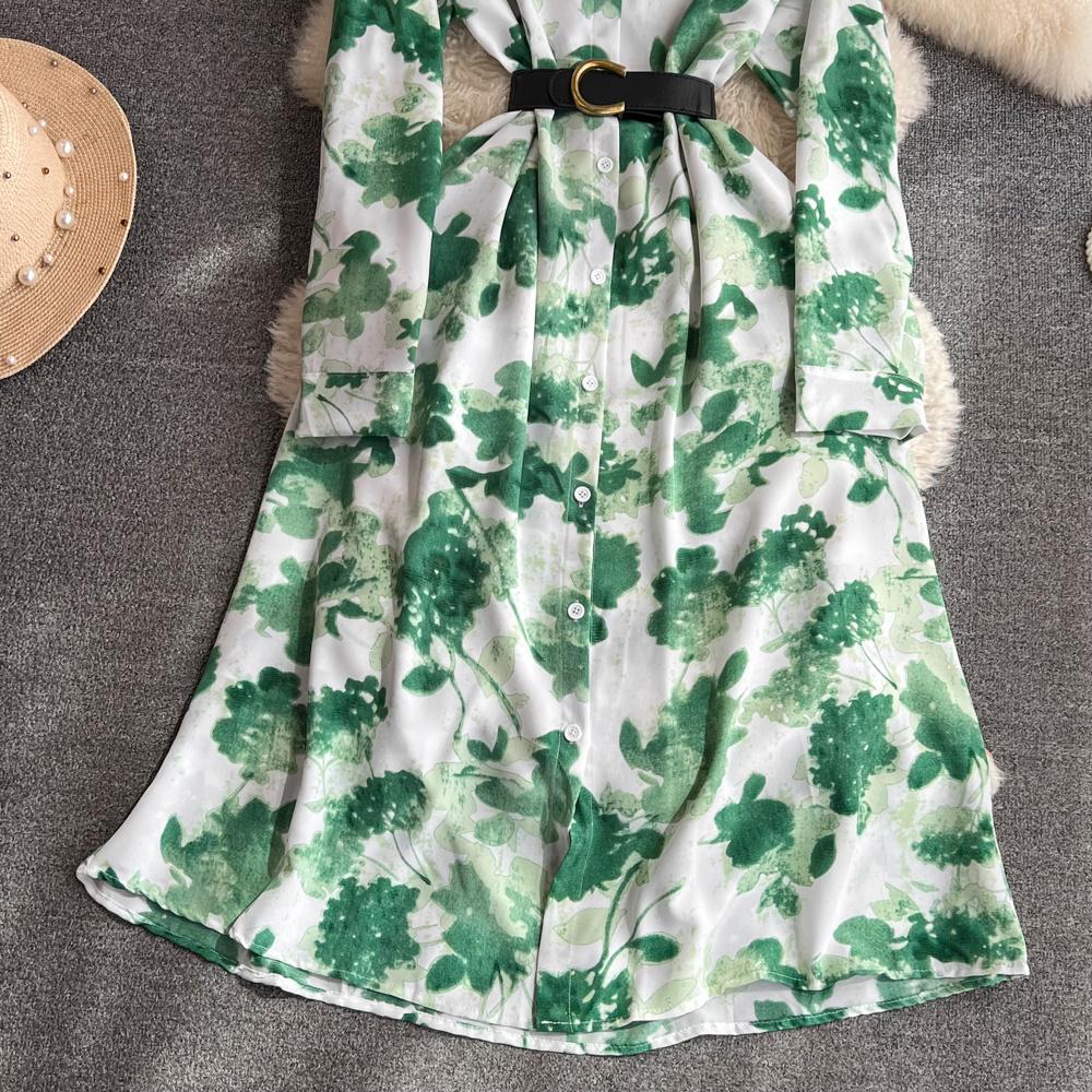 Новое осеннее модное женское платье с цветочным принтом, однобортное однобортное трапециевидное платье с отложным воротником и длинными рукавами, винтажные вечерние платья миди