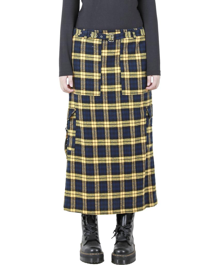 Catharsis Check Belted Elastic Long Skirt Yellow One Size