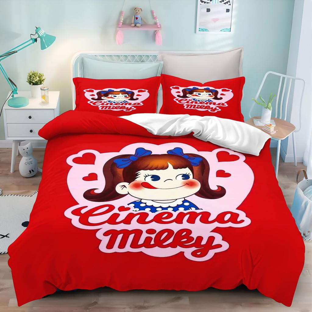 Fujiya Peko Chan 3D Print Bedding Set, Cute Japanese Cartoon Duvet Cover with Pillowcases, Kids Girls Bedroom Decor Bedding