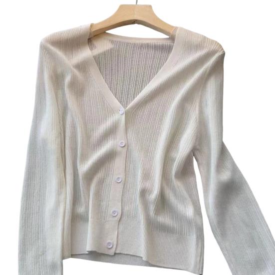 Женский кардиган Yousheng Sun Knit с длинным рукавом и V-образным вырезом на пуговицах, тонкое шелковое пальто, летний ребристый укороченный топ для активного отдыха, путешествий, работы, пляжа