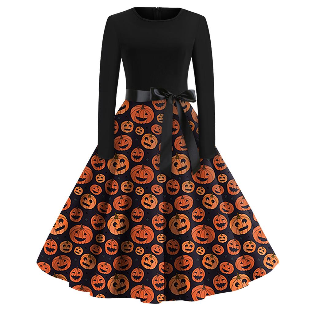 Women's Fashion Round Neck Casual Slim Fit Halloween Printed Long Sleeve Dress