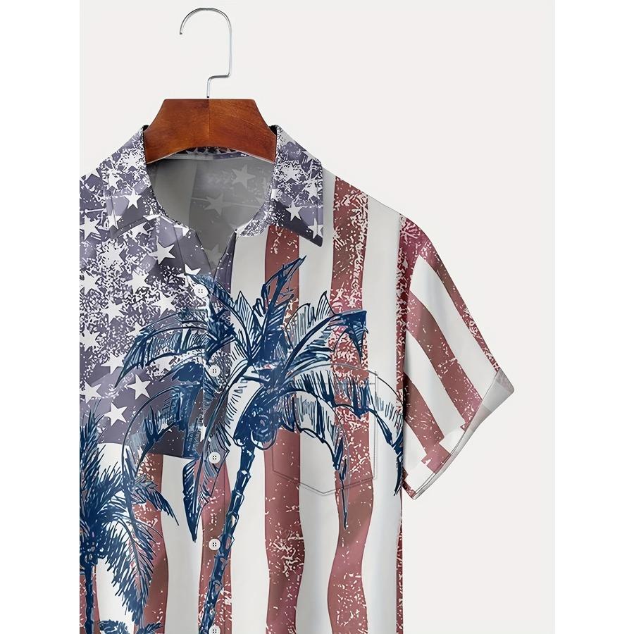 Гавайская рубашка с принтом кокосовой пальмы и пуговицей американского флага. Льняная рубашка с коротким рукавом.