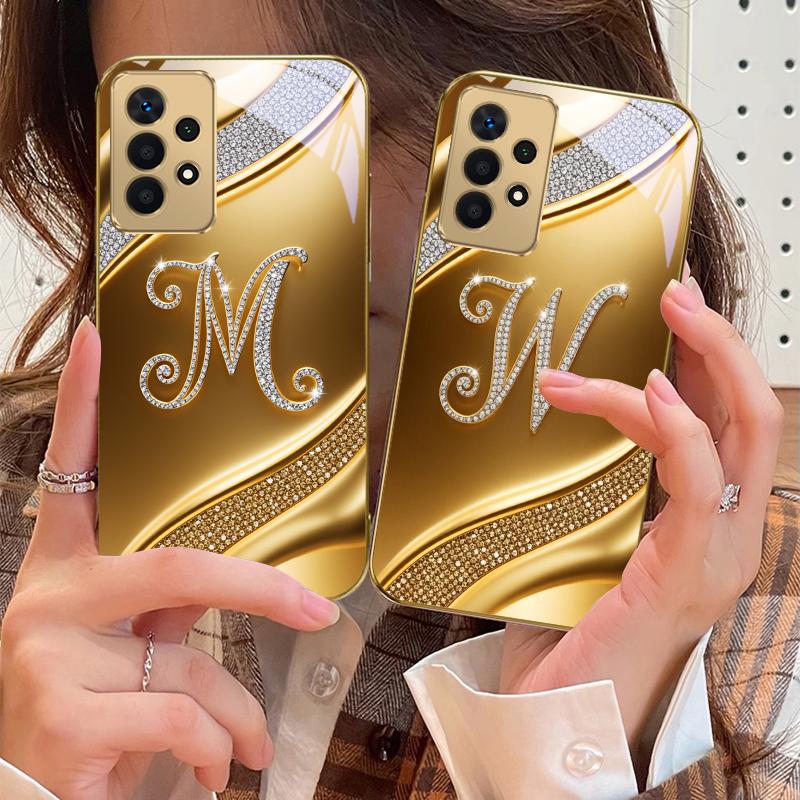 Великолепные буквы "M W" Для Samsung A73 A72 A71 A42 A56 A55 A54 A53 A52s A52 A51 A36 A35 A34 A33 A32 A16 Золотой стеклянный чехол для телефона