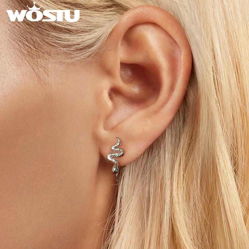 WOSTU Серьги-каффы змеиные из стерлингового серебра 925 пробы, серьги-клипсы, блестящие цирконы, серьги-гвоздики с животными, ювелирные изделия для вечеринок и свадеб, панк-подарок