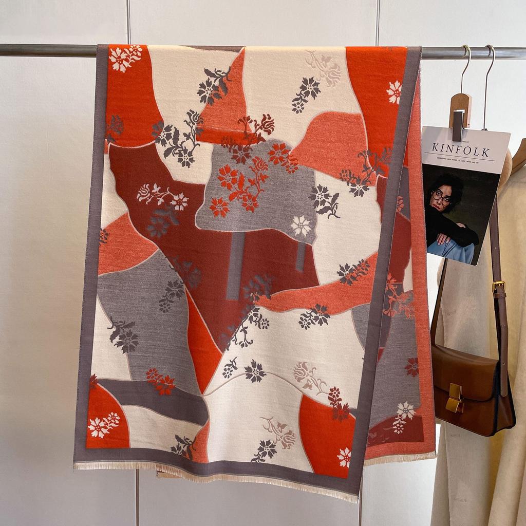 Printed Imitation Cashmere Scarf Women'S High-End Sense Plant Flower Warm Shawl Fashion Commuter Neck Protection Cold Scarf