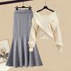 2pcs Women's Knitted Skirt Suits V Neck Pullover Knit Sweater Fishtail Skirt Two Piece Knitted Skirt Knit Top Outfits