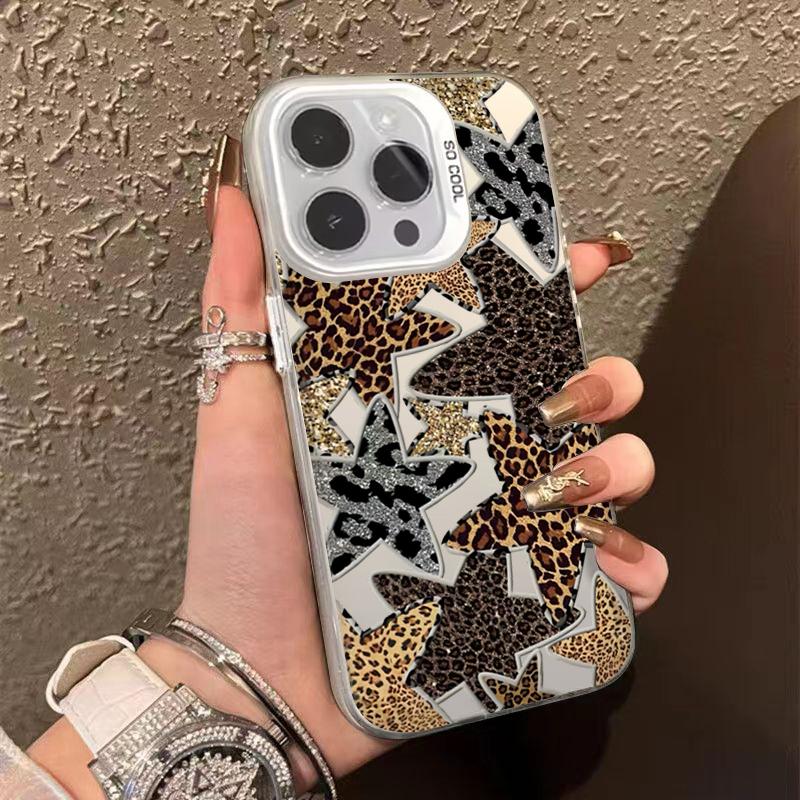 Материал Чехол для телефона для iPhone 16 17 Чехлы iPhone 16e 15 14 13 12 11 Pro Max XS X XR 7 8 Plus Черный Леопардовый принт Звездная крышка