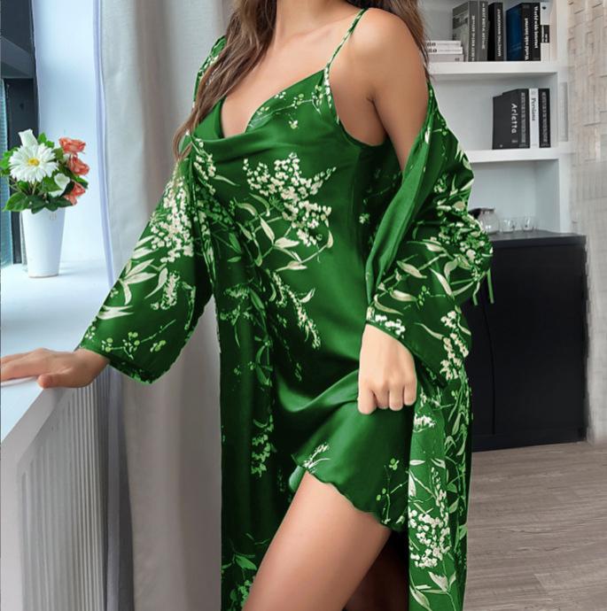 Тонкая стильная верхняя одежда, стильная пижама средней длины, женский комплект халатов на четыре сезона, ночная рубашка, комплект из двух предметов, большие размеры