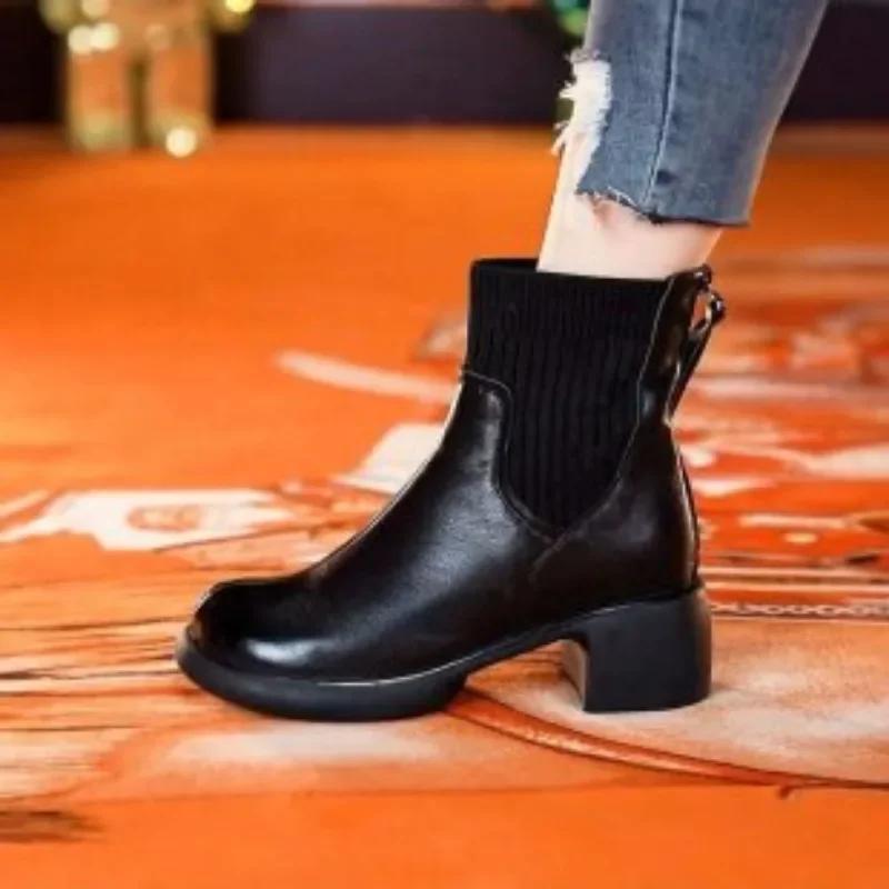 Fashion 2024 Ladies Shoes Warm Modern Women's Boots Classics Ankle Boots Women Knitted Round Toe Med Heel Back Zip Sewing Shoes Women