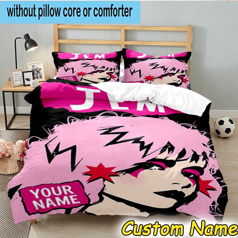 3pcs Custom Name Jem Anime Characters Bedding Set Includes 1 Duvet Cover & 2 Pillowcases for All Seasons Dormitory Home Decor Christmas gifts