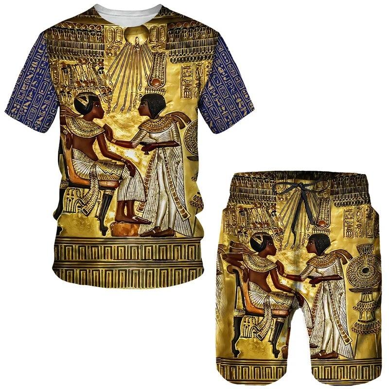 Мужская спортивная одежда из двух предметов, древнеегипетская футболка с 3D принтом, шорты фараона, уличная одежда для пар, летняя новинка