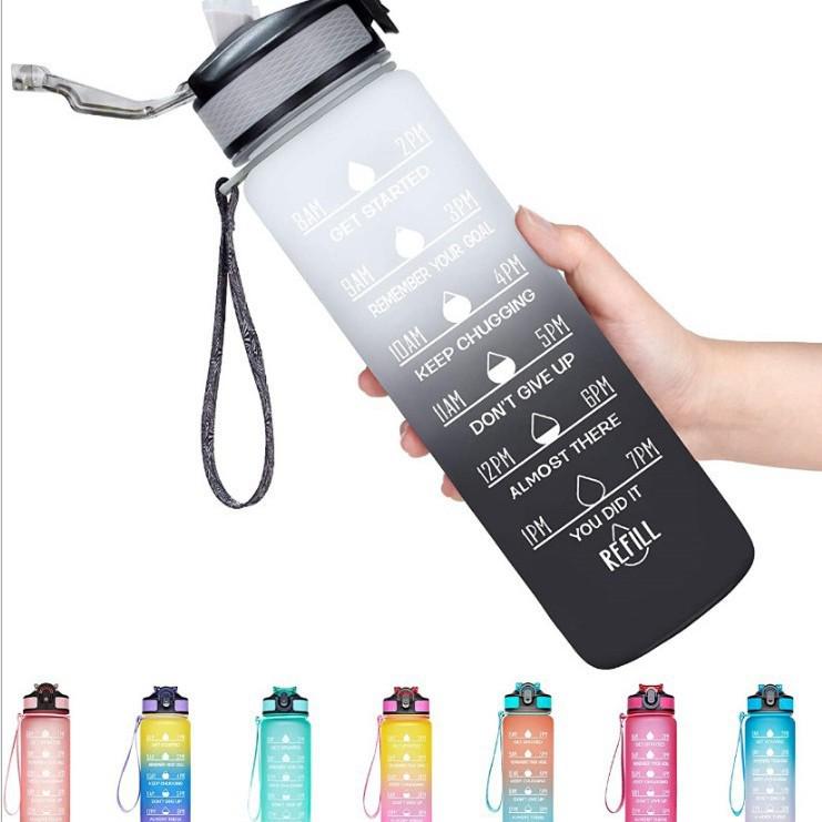 Градиентная 1000 мл всплывающая спортивная бутылка для воды из тритана со шкалой и соломинкой