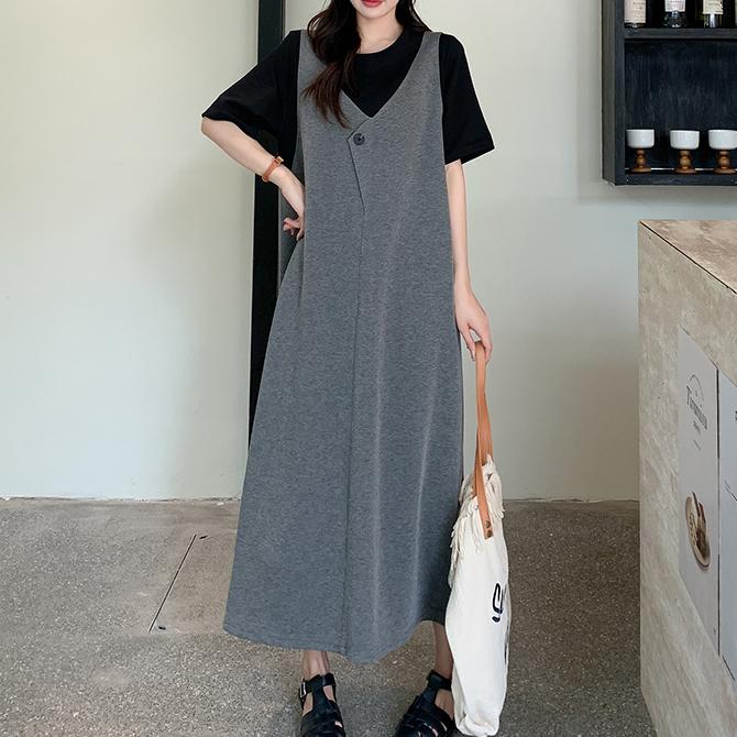 Dimanaf 2023 Plus Size Summer T-Shirt Dress Women Cotton Loose Dress O-Neck Vintage Fake Two-Piece Dress Short Sleeves Loose Casual Female Dresses