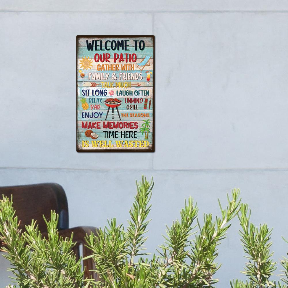 Welcome to Our Patio Vintage Metal Tin Sign - Rustic Wall Art with "Gather with Family & Friends" Design, Perfect for Home Decor
