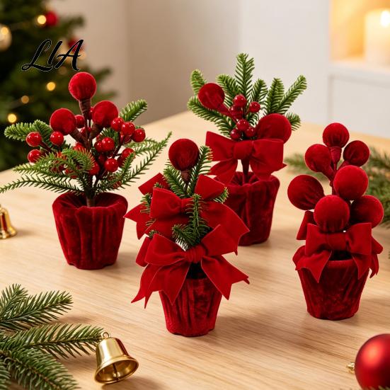 Holiday Table Plants Velvet Christmas Ball Potted Plants, Mini Tree with Artificial Pine, Desktop Red Berry, Fabric Bow, Tabletop Centerpiece for Xmas