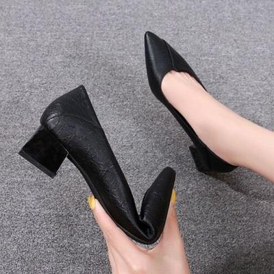 Мягкая кожа Туфли на высоком каблуке Женские на толстом каблуке Весенне-осенние Четыре сезона Рабочие туфли Одинарные туфли Профессиональные рабочие туфли Черные Маленькие кожаные туфли