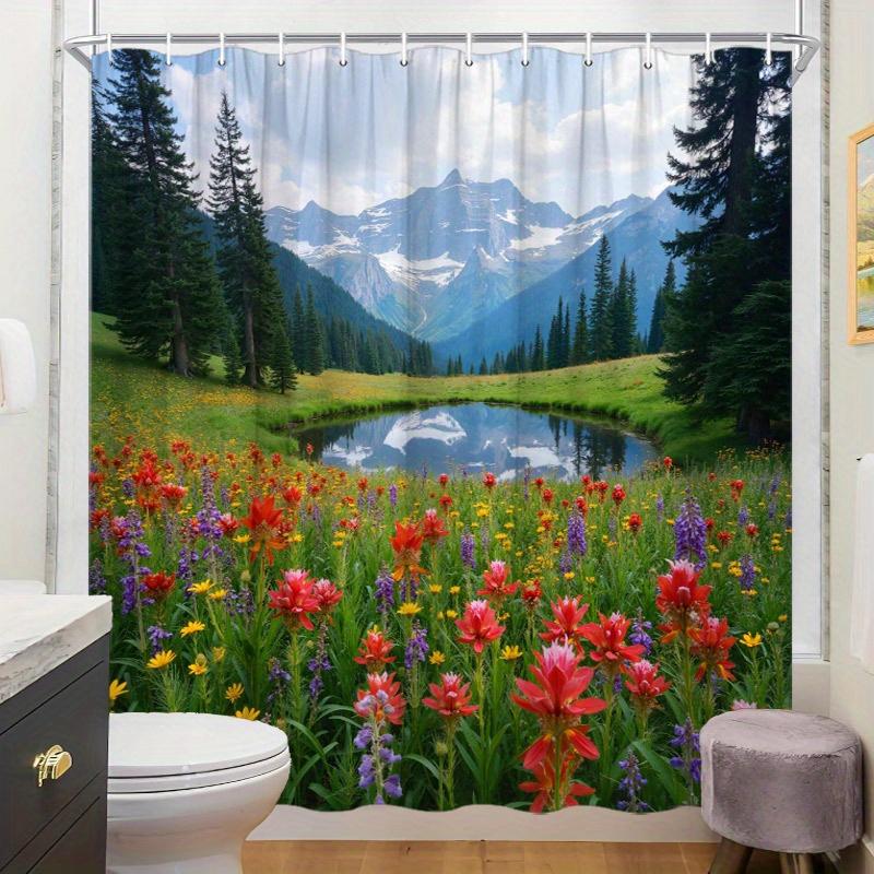 1pc Shower Curtain - Idyllic Alpine Landscape with a Serene Lake and Vibrant Wildflowers, Perfect for Bathroom Decoration