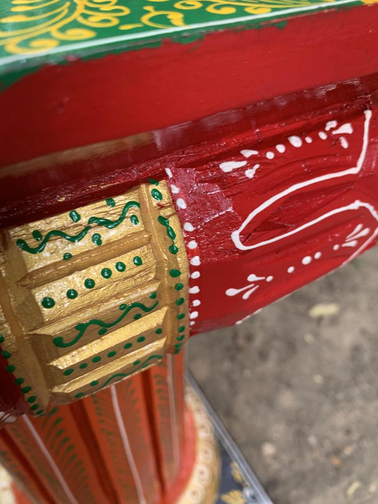 Hand Painted Wooden Chowki Pedestal Table | Indian Folk Art Statue Stand