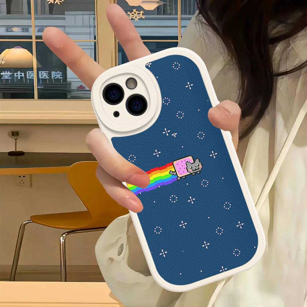 Милый Кот Н-Нян Для IPhone 16 15 14 16E 13 12 11 Pro Max Plus Телефон Кожаный Чехол