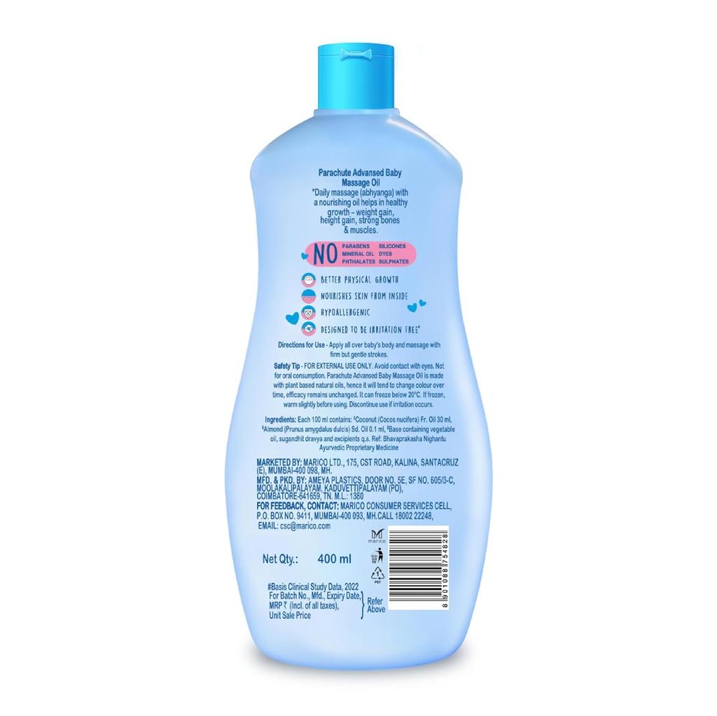 PARACHUTE Advansed Baby Massage Oil 400ml | 100% Natural Virgin Coconut Oil for Newborns | Gentle Hydration for Growth & Stronger Bones