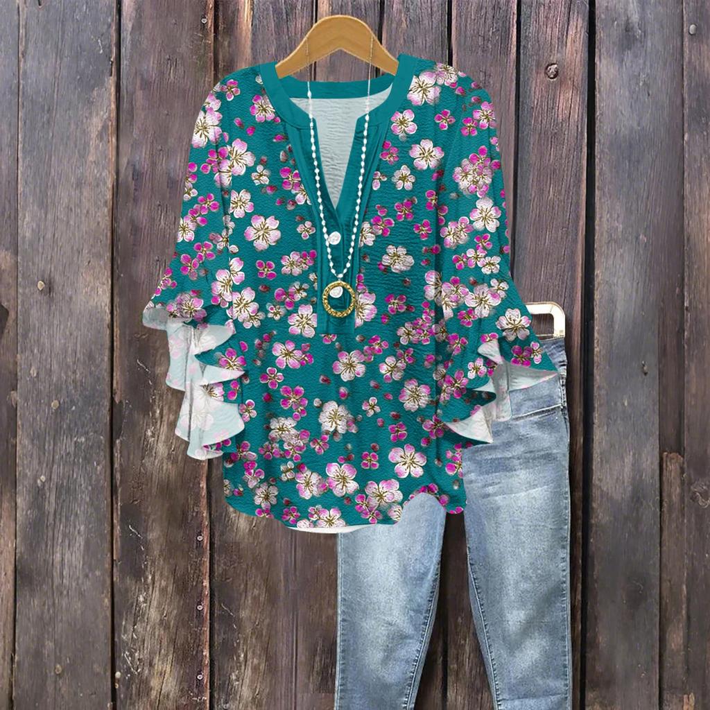 Women's Fashion Button V-Neck Ruffle Seven Sleeve Blouse Floral Printed Top
