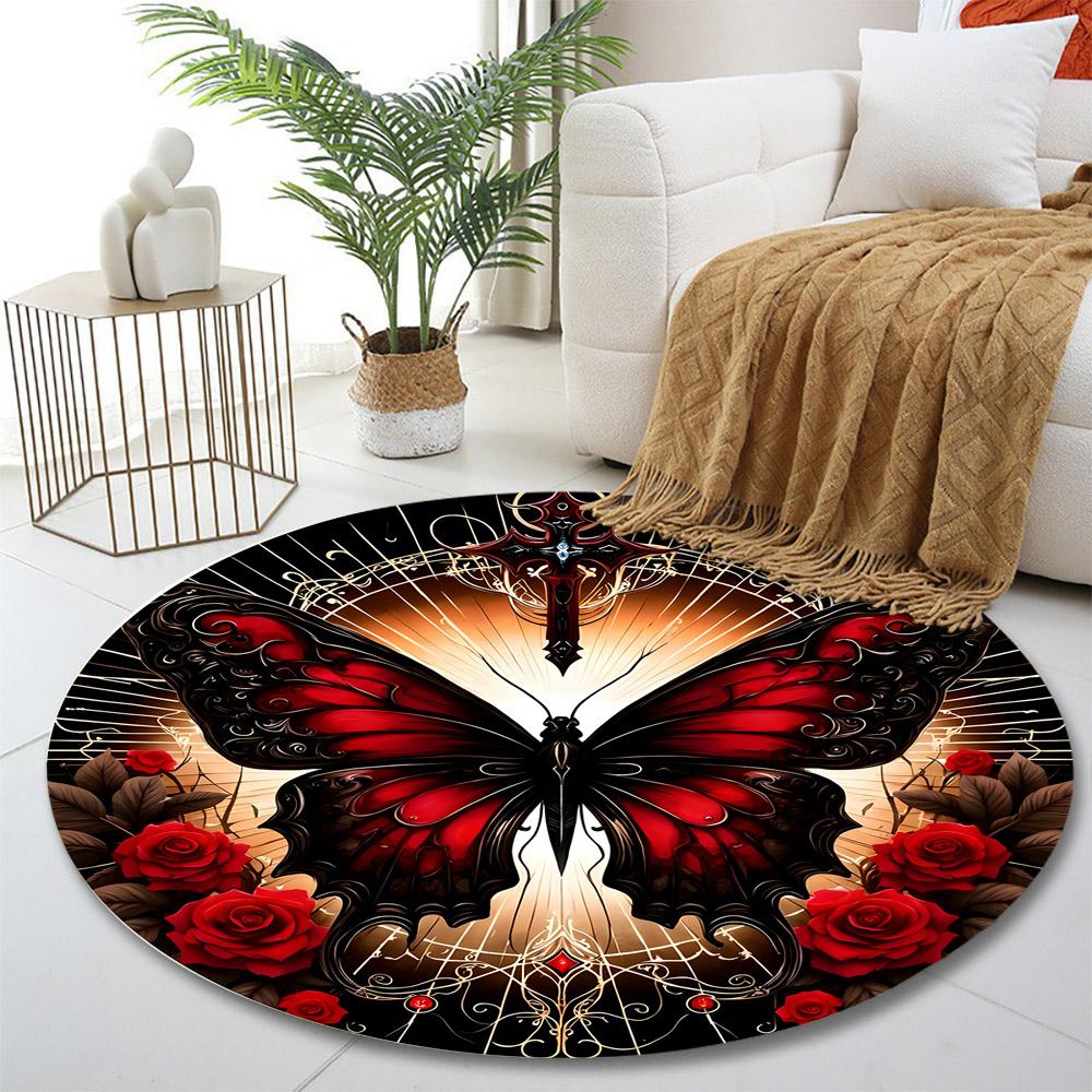 "Red Butterfly with Roses and Cross" Print round rug, living room, bedroom, playroom carpet, non slip floor mat, gift