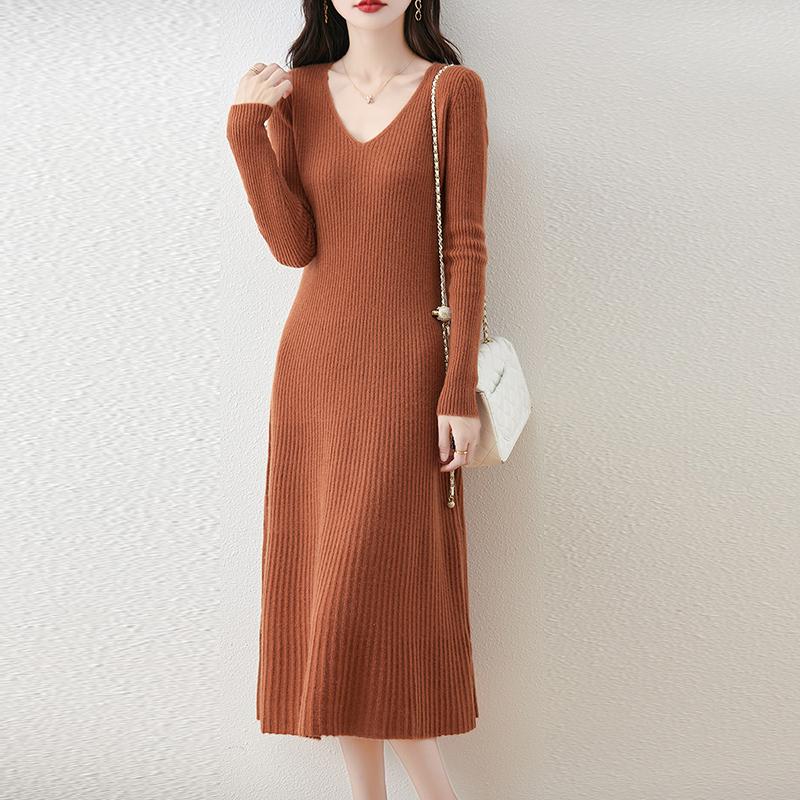 Женское платье-свитер 100% шерсть MODERN NEW SAGA V-образный вырез трикотажный длинный пуловер зимние джемперы шерстяное длинное платье женское